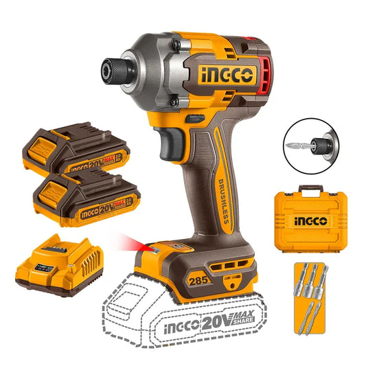 ATORNILLADOR IMPACTO BL INGCO +2 BAT 2AH Y CARG 1/4" 20V/285NM